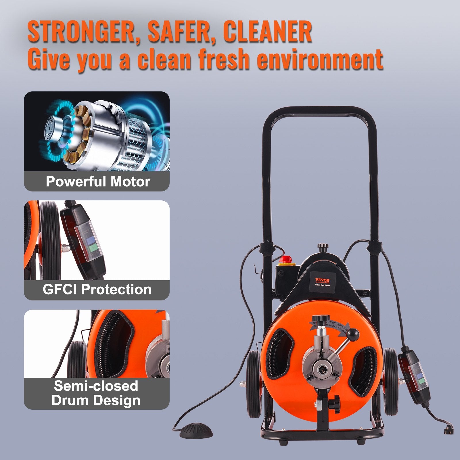 Drain Cleaner Machine Electric Drain Auger 100 FT x 3/8 In Auto Feed