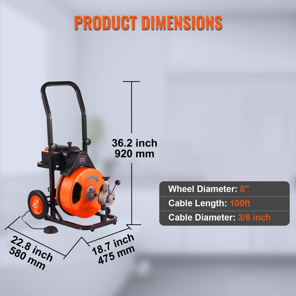 Drain Cleaner Machine Electric Drain Auger 100 FT x 3/8 In Auto Feed