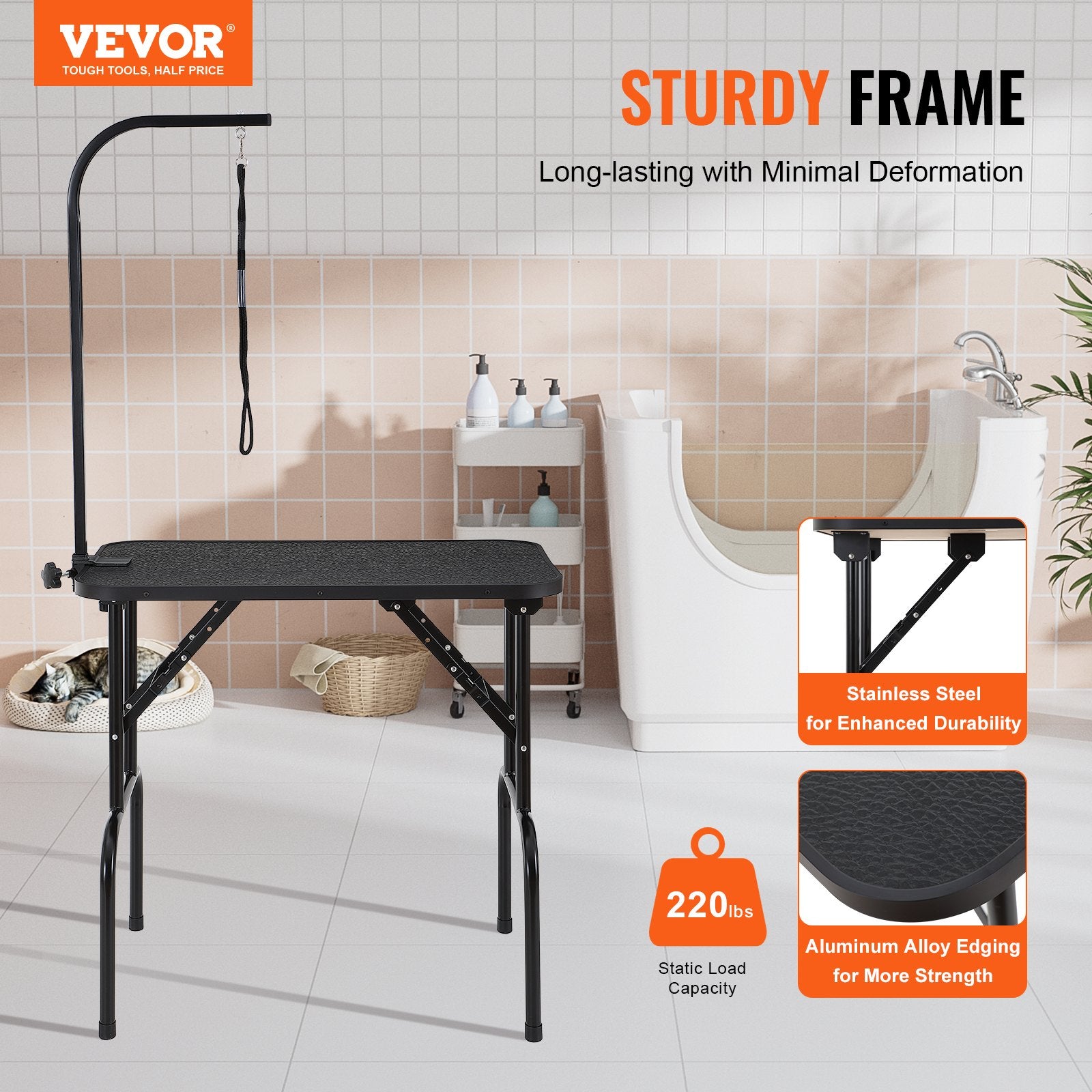 Pet Grooming Table Arm with Clamp, 808 x 460 mm Dog Grooming Station, Foldable Pets Grooming Stand for Medium and Small Dogs, Free No Sit Haunch Holder with Grooming Loop, Bearing 99.8kg