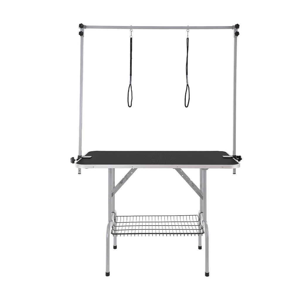 Pet Grooming Table Two Arms with Clamp, 117cm Dog Grooming Station, Foldable Pets Grooming Stand for Medium and Small Dogs, Free Two No Sit Haunch Holder with Grooming Loop, Bearing 149.7kg