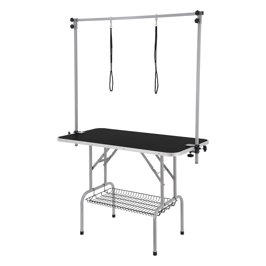 Pet Grooming Table Two Arms with Clamp, 117cm Dog Grooming Station, Foldable Pets Grooming Stand for Medium and Small Dogs, Free Two No Sit Haunch Holder with Grooming Loop, Bearing 149.7kg