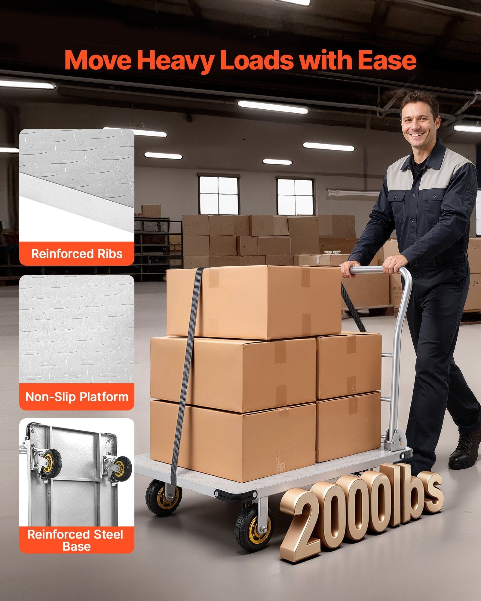 Platform Truck, 907.18 kg Capacity, Heavy Duty Steel Flatbed Cart with Swivel Wheels and Handle, Foldable Platform Hand Push Truck Dolly, for Groceries, Garage, Warehouse, 900 x 600 x 900 mm