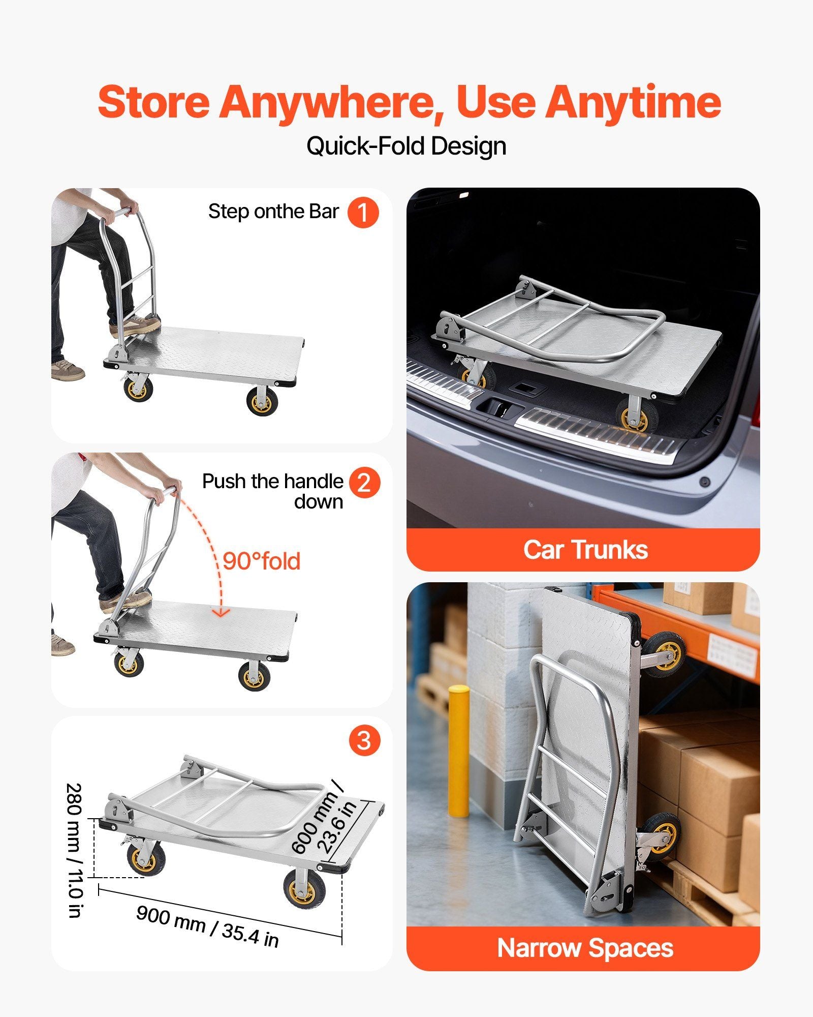 Platform Truck, 907.18 kg Capacity, Heavy Duty Steel Flatbed Cart with Swivel Wheels and Handle, Foldable Platform Hand Push Truck Dolly, for Groceries, Garage, Warehouse, 900 x 600 x 900 mm