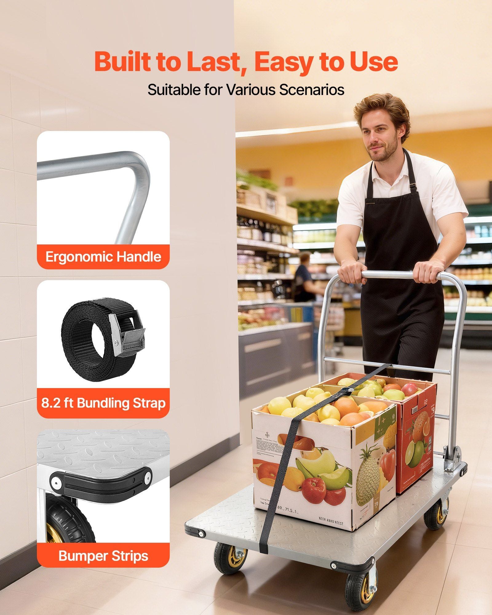 Platform Truck, 907.18 kg Capacity, Heavy Duty Steel Flatbed Cart with Swivel Wheels and Handle, Foldable Platform Hand Push Truck Dolly, for Groceries, Garage, Warehouse, 900 x 600 x 900 mm