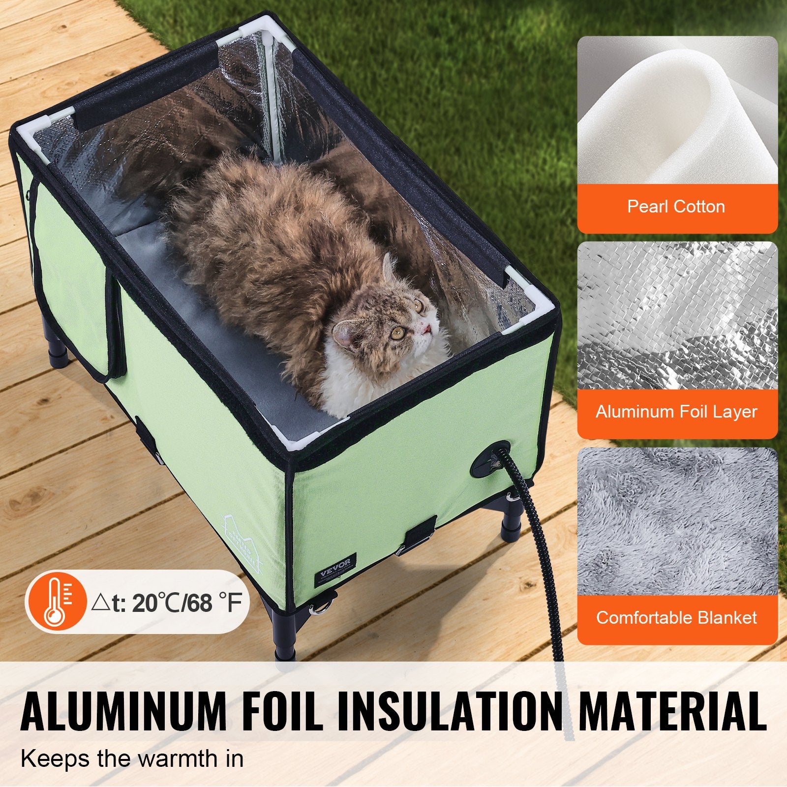 Elevated Heated Cat House, Cuboid Kitty Shelter with Adjustable Temperature and Timer, 900D Oxford Cloth Foldable Cat Shelter with Heated Pad for Winter to Stay Warm and Cozy, Green (Middle)
