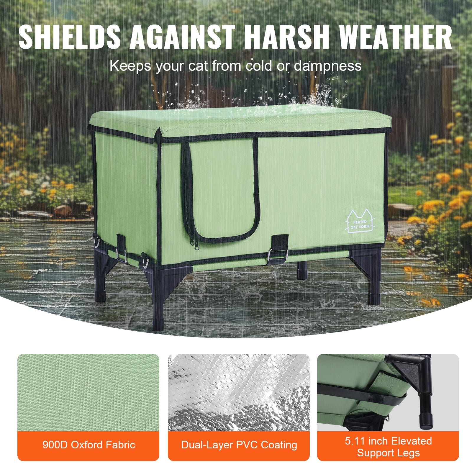 Elevated Heated Cat House, Cuboid Kitty Shelter with Adjustable Temperature and Timer, 900D Oxford Cloth Foldable Cat Shelter with Heated Pad for Winter to Stay Warm and Cozy, Green (Middle)