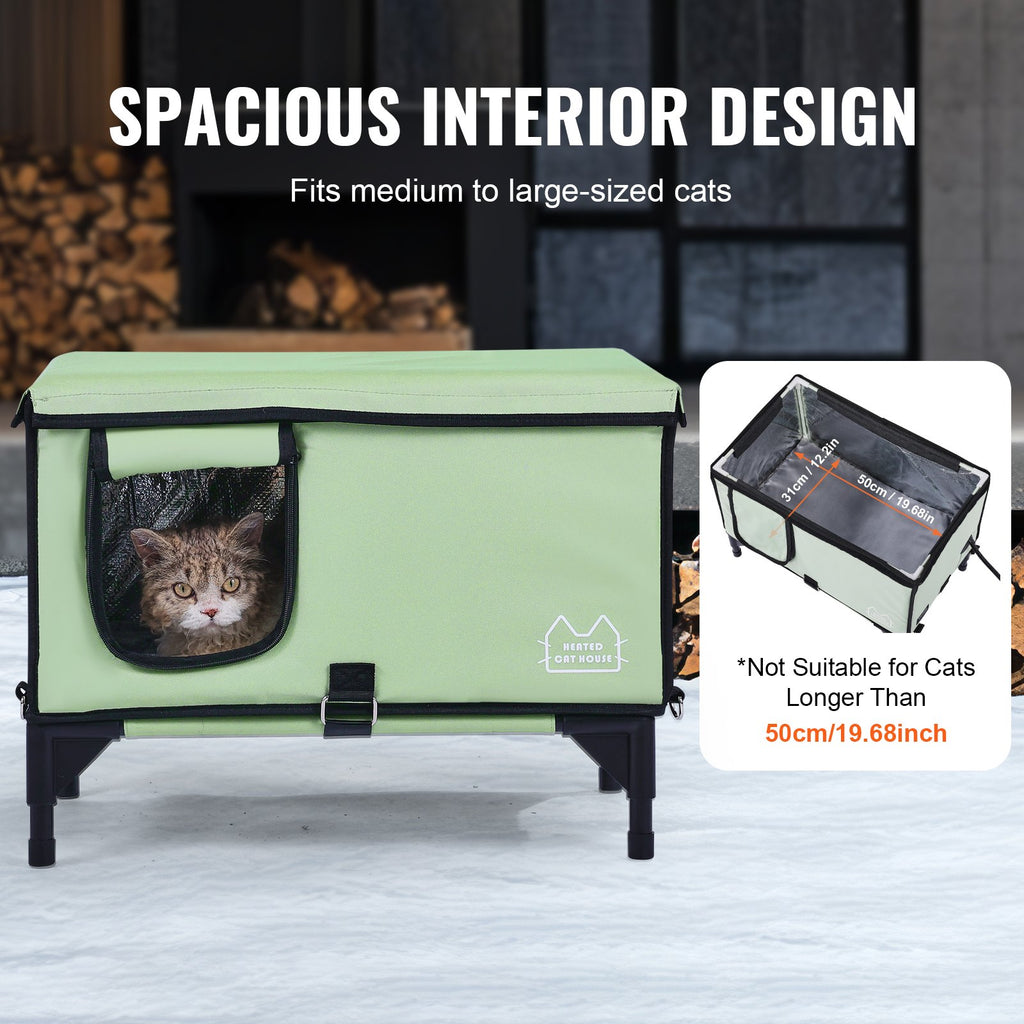 Elevated Heated Cat House, Cuboid Kitty Shelter with Adjustable Temperature and Timer, 900D Oxford Cloth Foldable Cat Shelter with Heated Pad for Winter to Stay Warm and Cozy, Green (Middle)