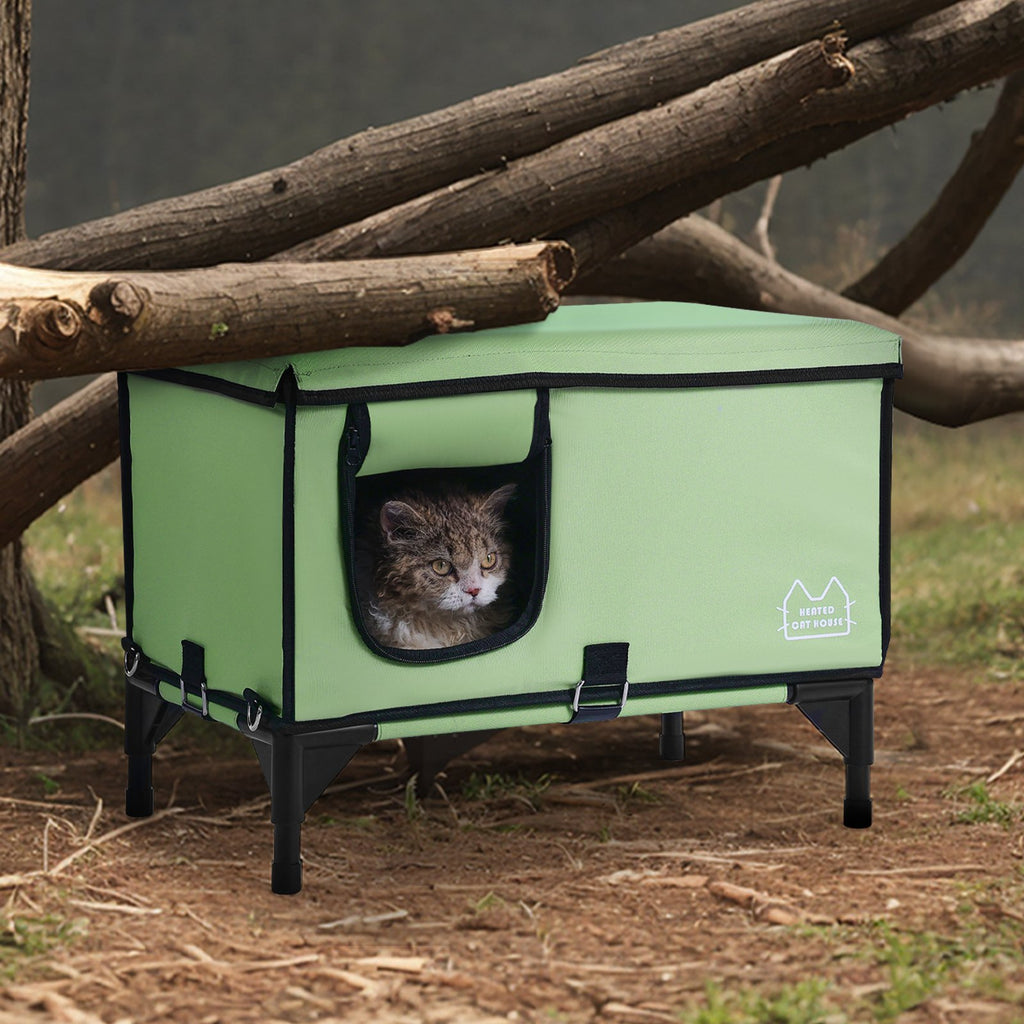 Elevated Heated Cat House, Cuboid Kitty Shelter with Adjustable Temperature and Timer, 900D Oxford Cloth Foldable Cat Shelter with Heated Pad for Winter to Stay Warm and Cozy, Green (Middle)