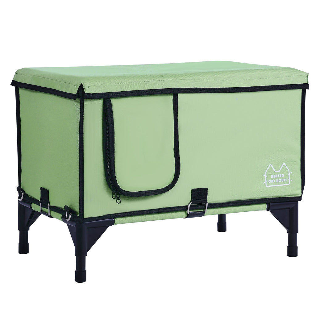 Elevated Heated Cat House, Cuboid Kitty Shelter with Adjustable Temperature and Timer, 900D Oxford Cloth Foldable Cat Shelter with Heated Pad for Winter to Stay Warm and Cozy, Green (Middle)