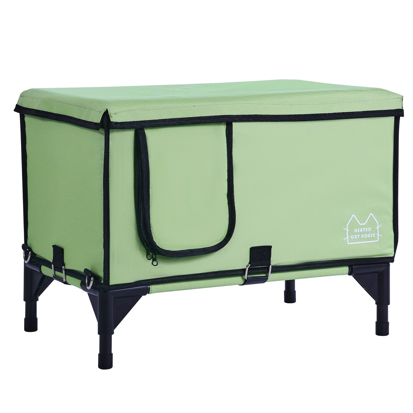 Elevated Heated Cat House, Cuboid Kitty Shelter with Adjustable Temperature and Timer, 900D Oxford Cloth Foldable Cat Shelter with Heated Pad for Winter to Stay Warm and Cozy, Green (Middle)