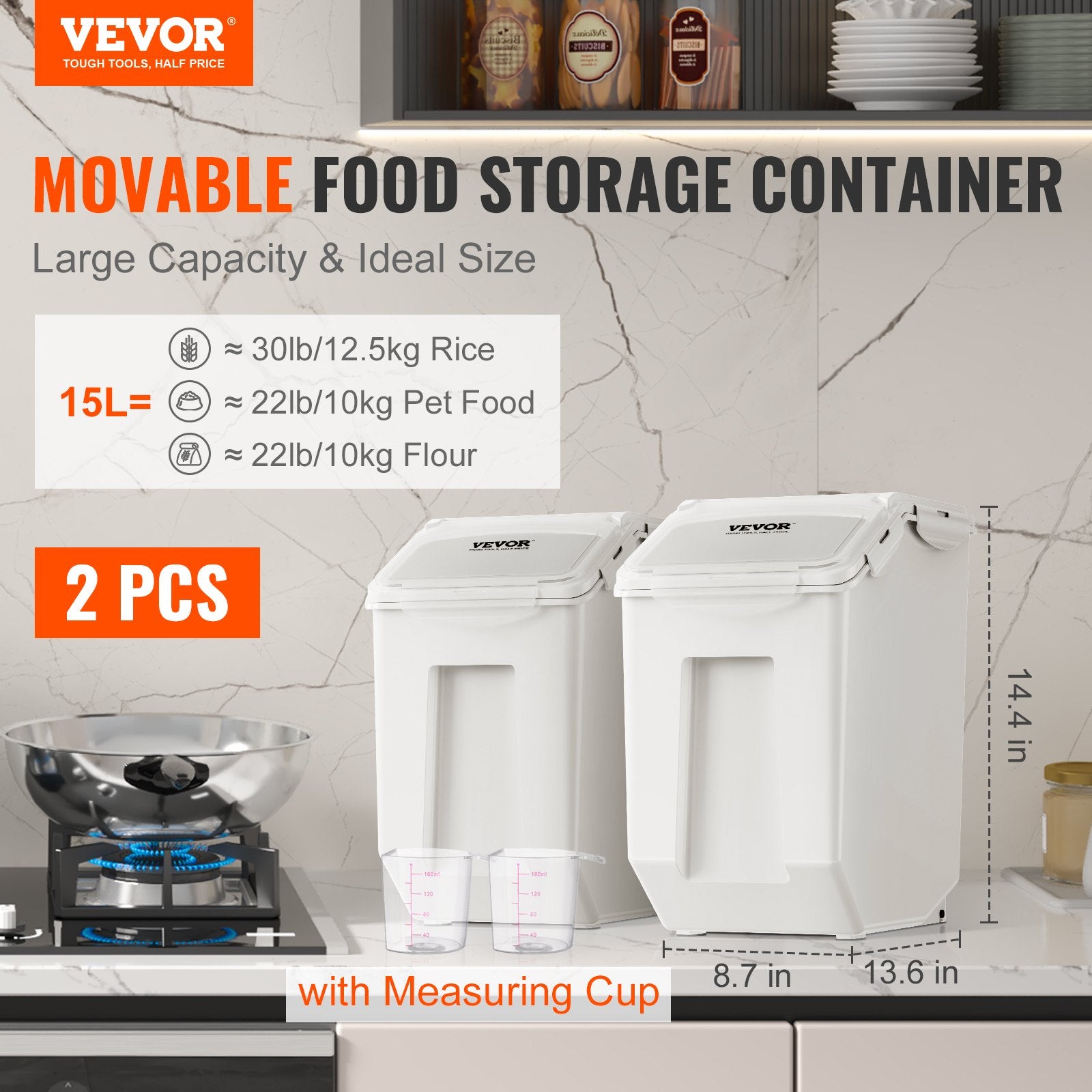Ingredient Storage Bin, 2 x 15L Dispenser Bin with 2 Measuring Cups, Attachable Casters and Airtight Lid, 2 Pcs/Set Dog Pet Food Storage Container, PP Material Kitchen Rice Cereal Flour Bin