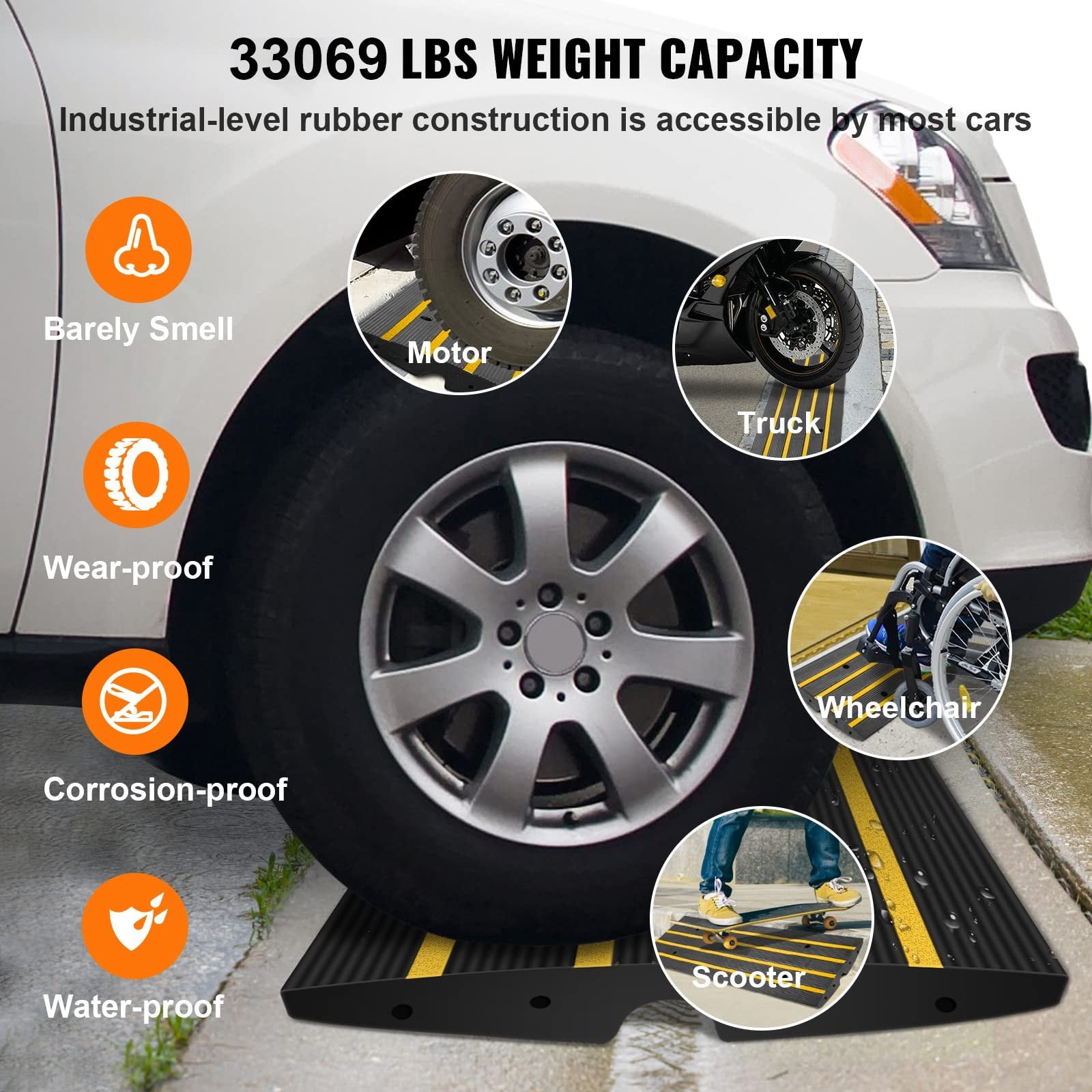 Curb Ramp, 2 Pack, 6.5 cm Rise, Rubber Driveway Ramps, Heavy Duty 15 tons Weight Capacity Threshold Ramp, Curbside Bridge Ramps for Loading Dock Garage Sidewalk, Expandable Full Ramp Set